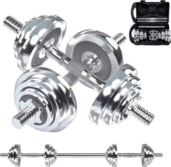Fitness Dumbbells Set, Adjustable Weight Sets up to 11/22/44/66/110 lbs, with Metal Connecting Rod Used As Barbell, Chromed Weights, Hardcover Gift Box, Home Gym Work Out Training Equipment